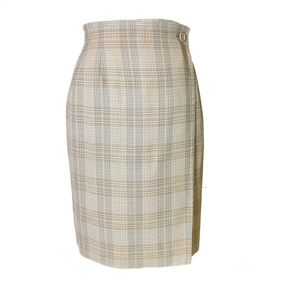 Paco Rabbane Dresses & Skirts - Paco Rabanne Paris Wrap Around Plaid Skirt Size M Tan Grey Brown